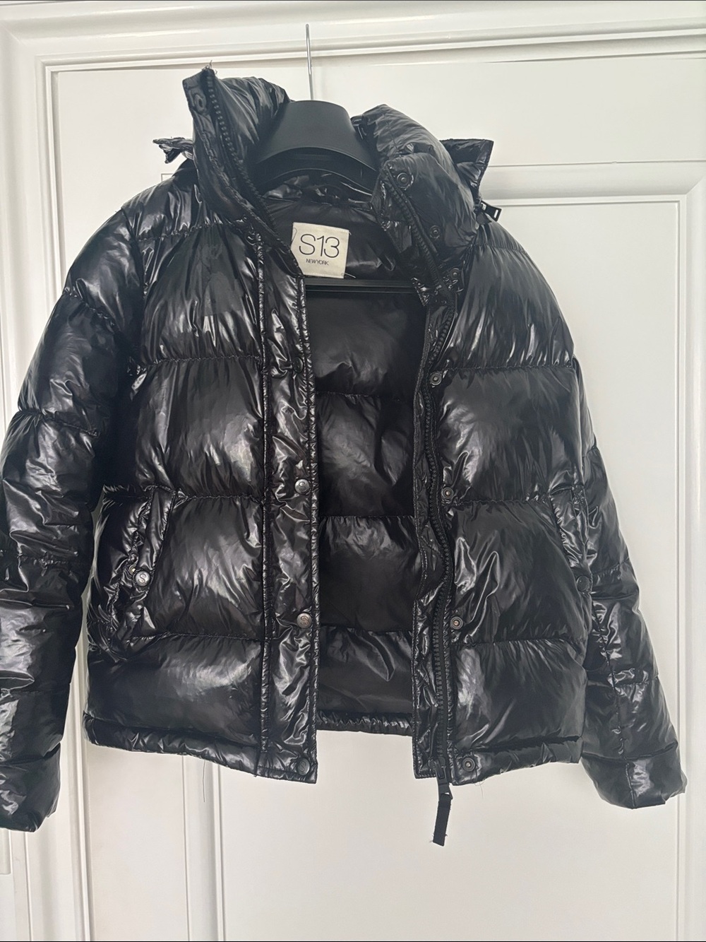 S13 Black Shiny Laquer Puffer Jacket - Down Coat